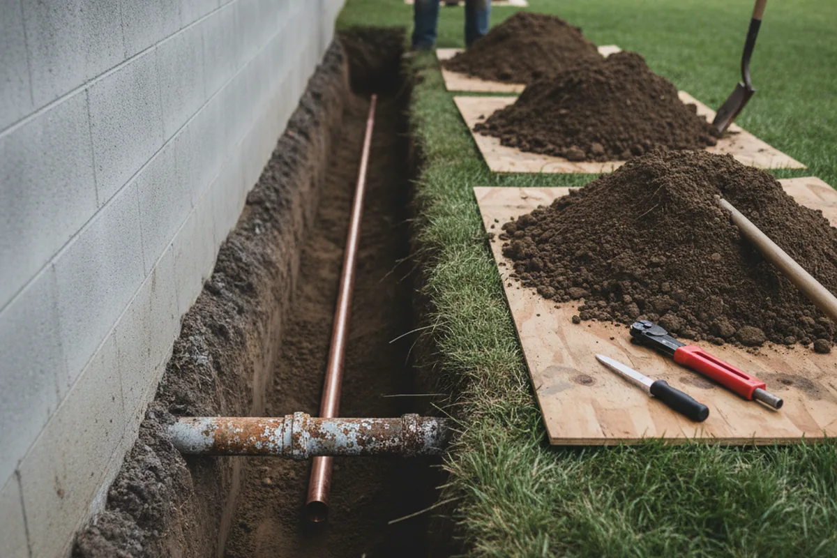 Excavated water line trench during Water Softener Installation in Wheatcroft